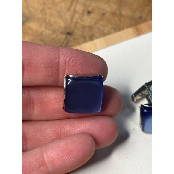 Vintage Blue Moonglow glass Enamel & Silver-Tone Square Cufflinks For Men - Picture 8 of 9